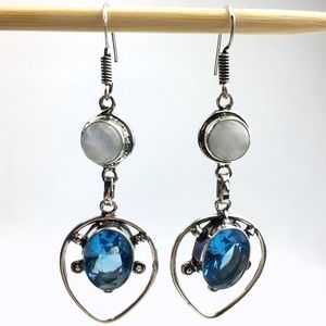 New Moonstone and Sim Blue Topaz Crystal Silver Hook Pierced Earrings
